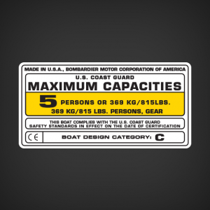 Sea Doo Bombardier Boat Capacity Decal  MADE IN U.S.A., BOMBARDIER MOTOR CORPORTAION OF AMERICA  U.S COAST GUARD MAXIMUM CAPACITIES  5 PERSONS OR 369 KG/815 LBS. 369 KG/815 LBS. PERSONS, GEAR  THIS BOAT COMPLIES WITH THE U.S. COAST GUARD SAFETY STANDARDS 