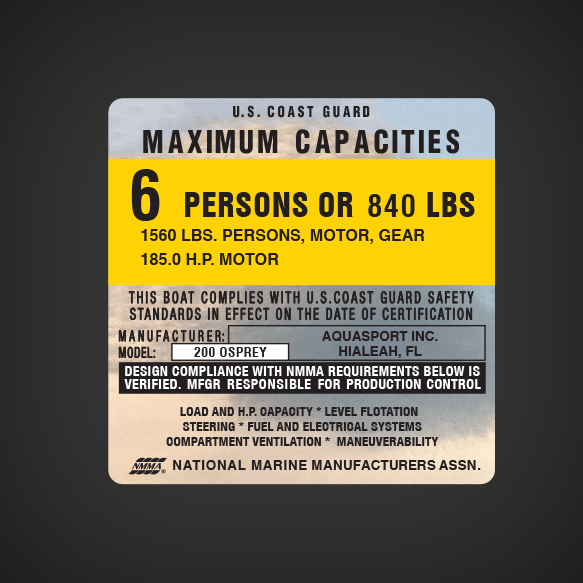 AQUASPORT INC. - 200 OSPREY Boat Capacity Decal
