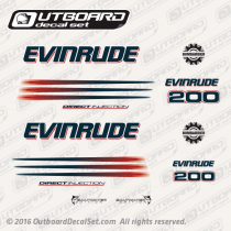 2004-2005 Evinrude 200 hp Direct Injection decal set White models. 0215275, 0215277, 0215278, 0215587, 0215554, 0215280, 0215279, 0215281, 0215282
