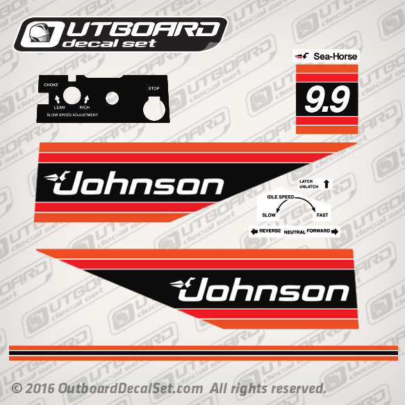 1981 Johnson 9.9 hp decal set 0391298, 0391299, 0390553, 0390554, 0390555, 0325763 