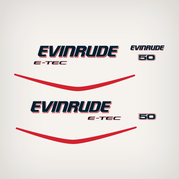2004-2008 Evinrude 50 hp E-TEC decal set White engine cover. 0215545, 0215816, 0215817, 0215559, 0215560, 0215814, 0215896 
