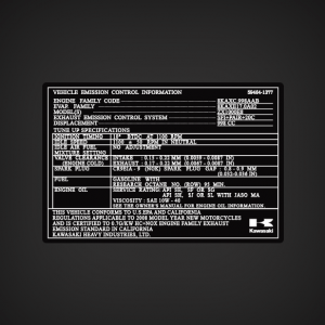 Kawasaki Vehicle Emission Control Information Decal. You get (1) Kawasaki Vehicle Emission Control Information Decal  Decal Reads:  VEHICLE EMISSION CONTROL INFORMATION 59464-1377  ENGINE FAMILY CODE 8KAXC.998AAB EVAP. FAMILY 8KAXE17.0A02  MODEL(S) ZX1000