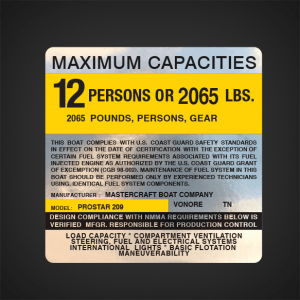 MASTERCRAFT BOAT COMPANY - PROSTART 209 BOAT CAPACITY DECAL