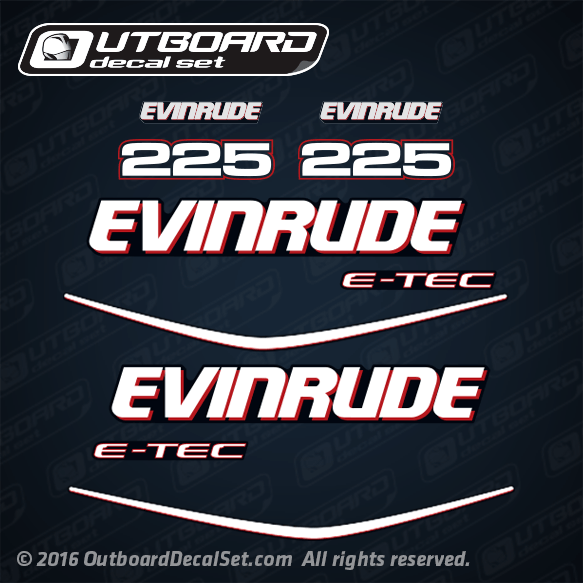 (2) 2009-2013 Evinrude 225 hp e-tec decal set - blue engines 0215628, 0215892, 0215629, 0215893, 0215666, 0215620, 0352505, 0215558, 0215774
