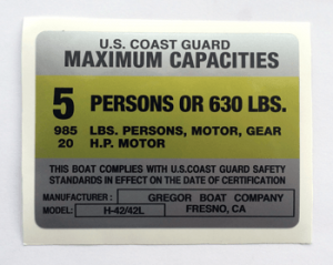 4X3-C-GREGOR BOAT COMPANY H-24/42L  Boat Capacity Decal (SILVER)