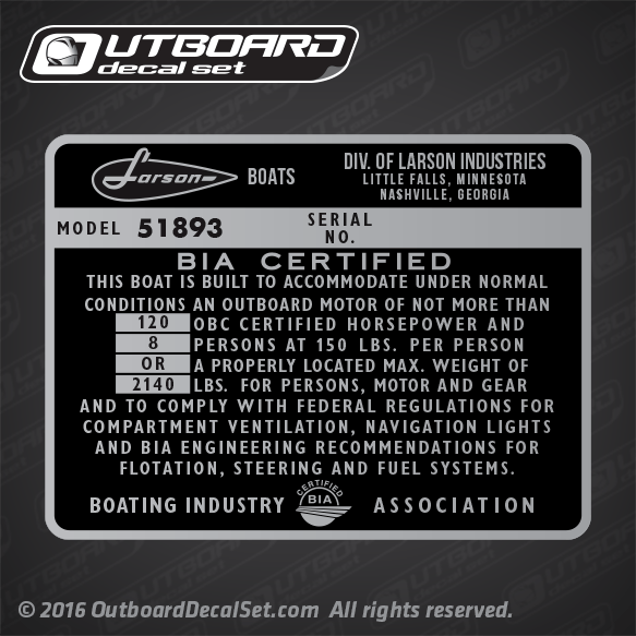 Larson Model 51893 Boat Capacity Decal