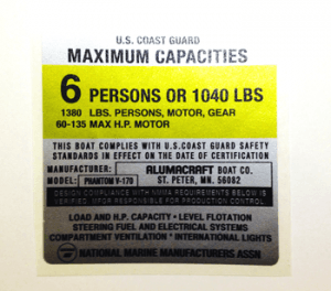 4X4-E ALUMACRAFT BOAT CO - PHANTON V-170 Boat Capacity Decal (SILVER)