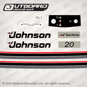 ohnson 20 hp SeaHorse flat-vinyl decal set for 1984 Johnson Outboard engine covers.