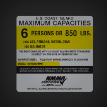 Boat Capacity decal reads:  U.S. COAST GUARD MAXIMUM CAPACITIES 6 PERSONS OR 850 LBS. 1400 LBS, PERSONS, MOTOR, GEAR  150 H.P. MOTOR   THIS BOAT COMPLIES WITH U.S. COAST GUARD SAFETY STANDARDS IN EFFECT ON THE DATE OF CERTIFICATION  MANUFACTURER: WELLCRAF
