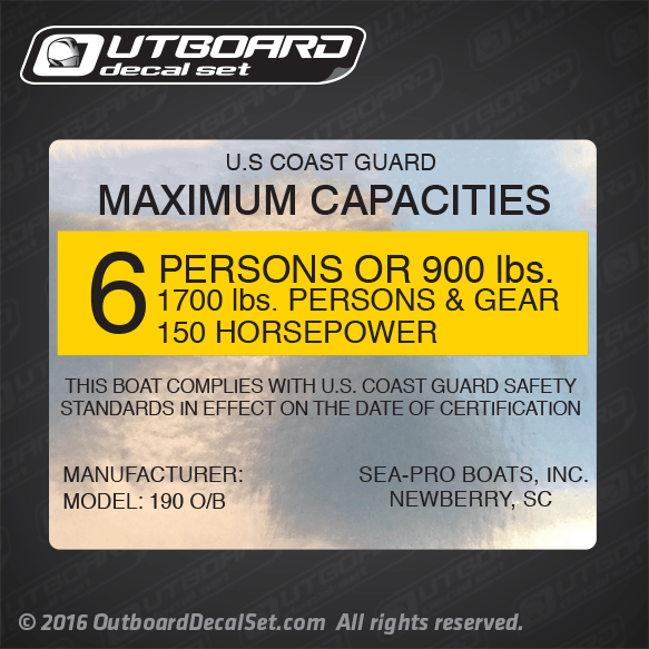 Sea-Pro Boats, INC 190 O/B Boat Capacity Decal