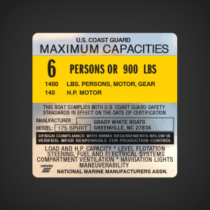 Grady White 175 spirit Boat Capacity decal U.S COAST GUARD  MAXIMUM CAPACITIES  6 PERSONS OR 900 LBS 1400 LBS. PERSONS, MOTOR, GEAR 140 H.P. MOTOR  THIS BOAT COMPLIES WITH U.S COAST GUARD SAFETY STANDARDS IN EFFECT ON THE DATE OF CERTIFICATION  MANUFACTUR