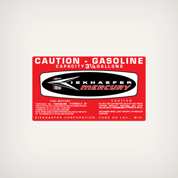 1964 - 1970 Mercury 3 1/4 US GALLONS Gasoline Fuel Tank decal red