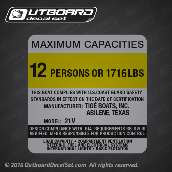 TIgé Boats Inc 21V Capacity Decal