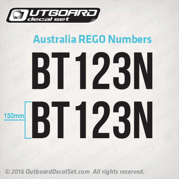 Boat Registration Numbers -Australia REGO 150mm for white hull boats- Black numbers and letters