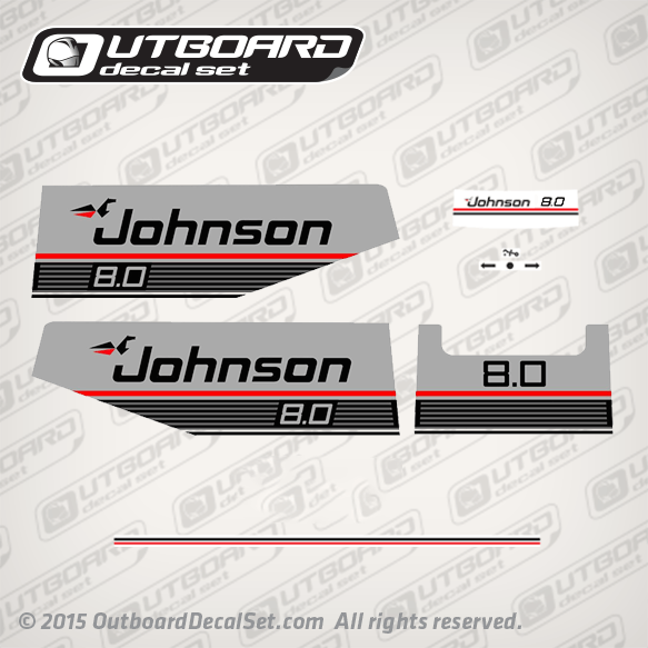 1987-1988 Johnson 8.0 hp decal set 0398990, 0398991, 0398971, 0398972, 0332302, 0397410, 0397411, 0397423, 0397424