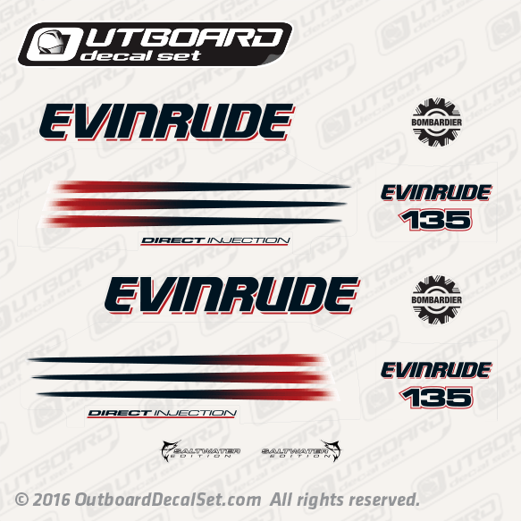 2004-2005 Evinrude 135 hp Direct Injection decal set White models.0215287, 0215288, 0215291, 0215292, 0215554, 0215294, 0215279, 0351222, 0351237