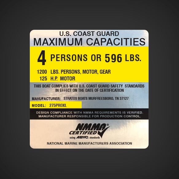 2005 Stratos 275 Pro XL Boat Capacity decal U.S. COAST GUARD MAXIMUM CAPACITIES  4 PERSONS OR 596 LBS. 1200 LBS, PERSONS, MOTOR, GEAR 125 H.P. MOTOR  THIS BOAT COMPLIES WITH U.S. COAST GUARD SAFETY STANDARDS IN EFFECT ON THE DATE OF CERTIFICATION  MANUFAC