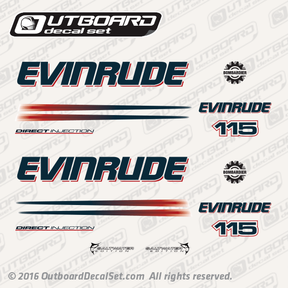 2004-2005 Evinrude 115 hp Direct Injection decal set white Models. 0215287, 0215288, 0215290, 0215289, 0215554, 0215279, 0351222, 0351237, 0215293