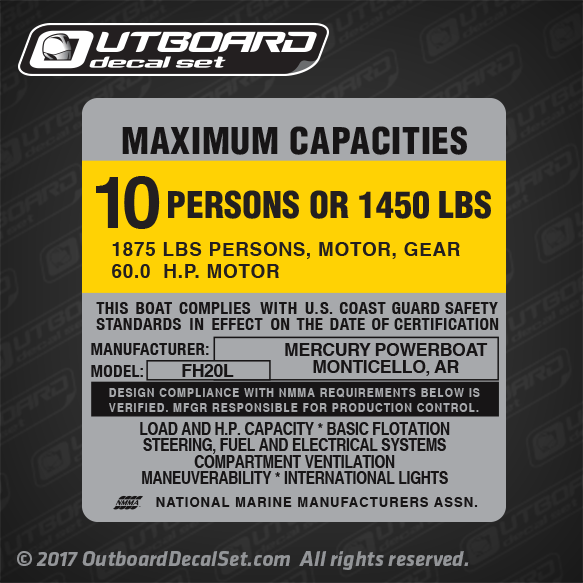 MERCURY POWERBOAT - FH20L Boat Capacity Decal