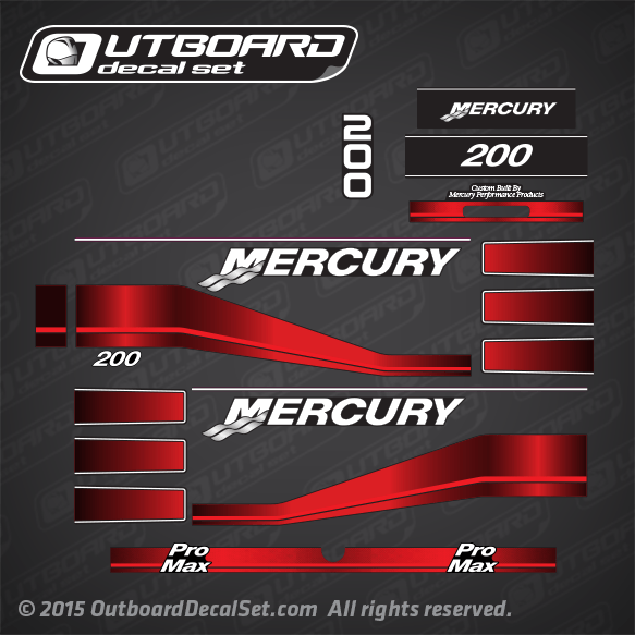 1994 1995 1996 1997 Mercury Racing 200 hp ProMax decal set Red 847984A94, 817704A22, 817704A23, 817706A3, 817706A4