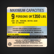 2000 C & C Manufacturing Mod 244 Series Boat Capacity decal. MAXIMUM CAPACITIES  9 PERSONS OR 1350 LBS. 3200 LBS, PERSONS, MOTORS, GEAR 300 H.P. MOTOR  THIS BOAT COMPLIES WITH U.S COAST GUARD SAFETY STANDARDS IN EFFECT ON THE DATE OF CERTIFICATION  MANUFA