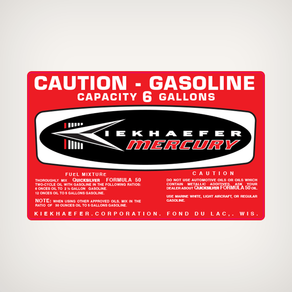 1964 - 1970 Mercury 6 US GALLONS Gasoline decal red