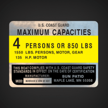 Sun Patio Warrior V-1890 BT XST Boat Capacity Decal. U.S. COAST GUARD  MAXIMUM CAPACITIES  4 PERSONS OR 850 LBS 1550 LBS. PERSONS, MOTOR, GEAR 135 H.P. MOTOR  THIS BOAT COMPLIES WITH U.S COAST GUARD SAFETY STANDARDS IN EFFECT ON THE DATE OF CERTIFICATION 