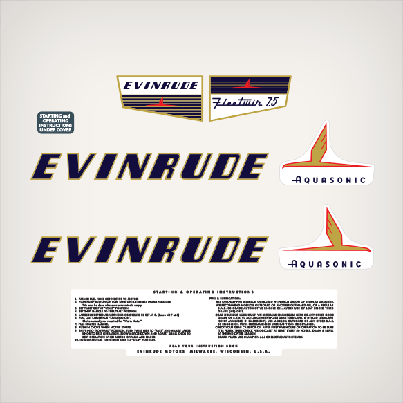 1955 Evinrude Aquasonic Fleetwin 7.5 hp decal set. Motor Models: 7518 - 7519