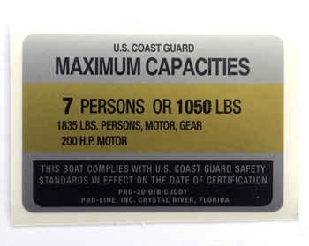 4X3-D- PRO LINE INC-PRO-20 O/B CUDDY Boat Capacity Decal (SILVER)