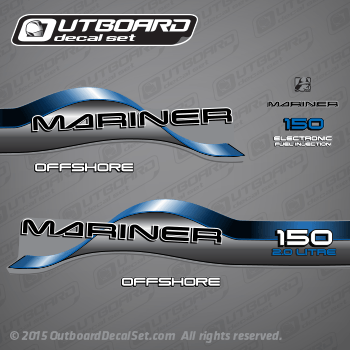 1996 1997 1998 Mariner 150 hp OFFSHORE 2.0 LITRE EFI Decal set Blue, 37-809707A97, 37-830170-30, 37-830172-37, 37-830164-2, 37-830170-26