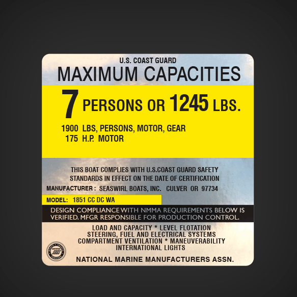 1851 CC DC WA - SEASWIRL BOATS INC. Boat Capacity decal