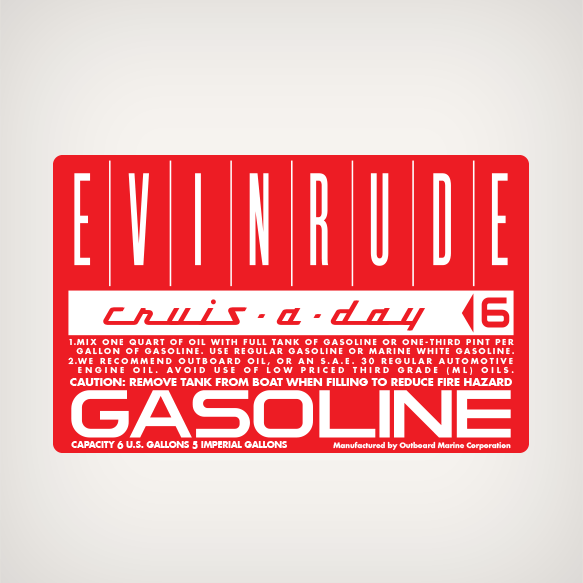 1960 Evinrude Cruis A Day 6 U.S. GALLONS Gasoline Fuel Tank decal RED