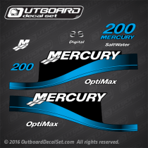 1999-2004 Mercury 200 hp Digital Saltwater Optimax decal set 855412A00 850299T1, 850299T2