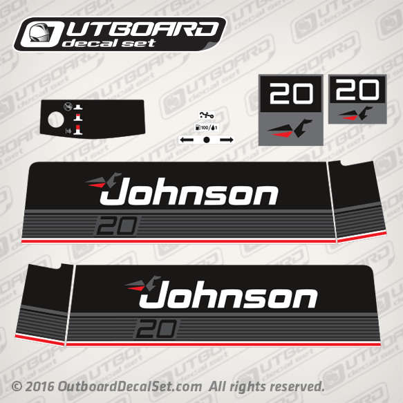 1986 Johnson 20 hp decal set 0395901, 0396333, 0331491, 0331492, 0396175, 0396176, 0396177, 0396178