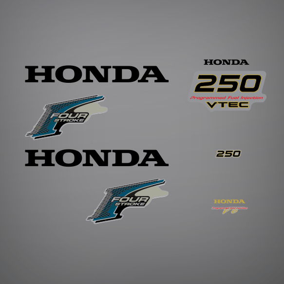2002-2007 Honda 250 hp V6 V-Tec Four Stroke decal set 87101-ZY3-000, 87121-ZX2-C00, 87301-ZX2-C00, 87304-ZZ5-C00 63100-ZY3