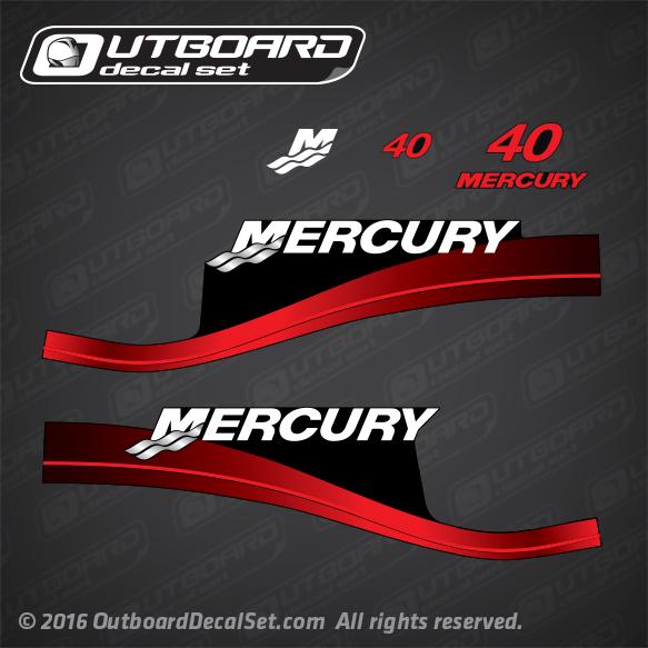 1999-2004 Mercury 40 hp manual decal set 830163A00, 825239T11, 825239T12, 825239T13, 825239T14