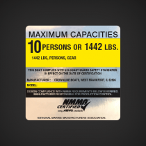 Crownlin boat Capacity Decal,Decal Reads:  MAXIMUM CAPACITIES  10 PERSONS OR 1442 LBS. 1442 LBS, PERSONS, GEAR  THIS BOAT COMPLIES WITH U.S. COAST GUARD SAFETY STANDARDS  IN EFFECT ON THE DATE OF CERTIFICATION  MANUFACTURER: CROWNLINE BOATS, WEST