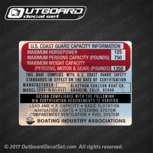 Glastron Carlson Boat CO.  CVX-16 DELUXE Boat Capacity Decal