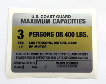 4X3-C-SEAR ROEBUCK 1392 Boat Capacity Decal (SILVER)