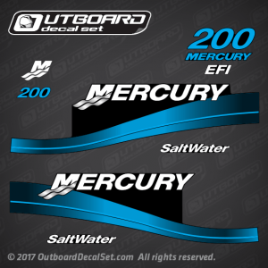 2000 2001 2002 2003 2004 2005 Mercury 200 hp 2.5L SaltWater EFI decal set blue 808562A03 827328T7 827328T8 top cowl Model 1200423DY 2.5L EFI SALTWATER 200EFI XL SW 200EFI 150/200 EFI (2.5L)