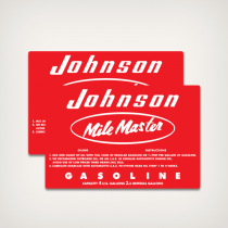 1957 Johnson Mile Master 4 U.S Gallons Fuel Tank decal set  Johnson Mile Master  OILING INSTRUCTIONS  1. MIX ONE QUART OF OIL WITH FUEL TANK OF REGULAR GASOLINE OR 1/2 PINT PER GALLON OF GASOLINE 2. WE RECOMMEND OUTBOARD OIL, OR AN S.A.E. 30 REGULAR AUTOM