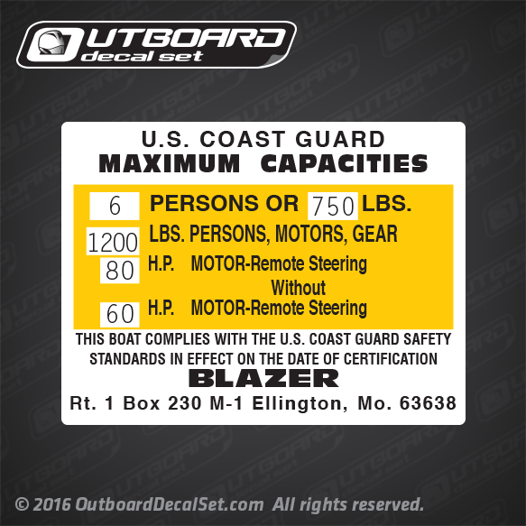 Blazer 6 Person 750 LBS Boat Capacity decal