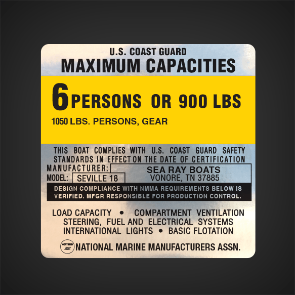 Sea Ray Boats Seville 18 capacity decal
