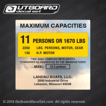 MAXIMUM CAPACITIES  11 PERSONS OR 1670 LBS 2250 LBS. PERSONS, MOTOR, GEAR 130 H.P. MOTOR  THIS BOAT COMPLIES WITH SAFETY STANDARDS AS SUGGESTED BY THE MANUFACTURER MODEL: 22.5 pontoon   LANDAU BOATS, LLC. 2000 Industrial Drive Lebanon, Missouri 65536