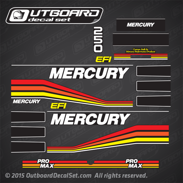 1994 1995 1996 1997 Mercury Racing 250 hp ProMax EFI decal set 847984A94, 817704A22, 817704A23, 817706A3, 817706A4