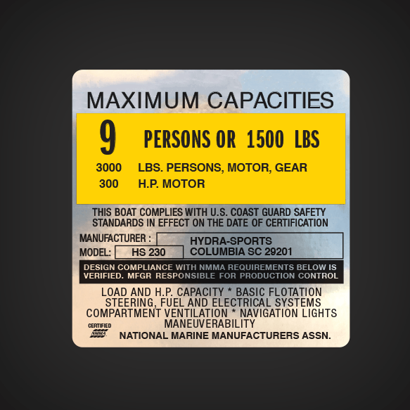 HYDRA-SPORTS- HS 230 - 230 Seahorse WA-2001 BOAT CAPACITY DECAL