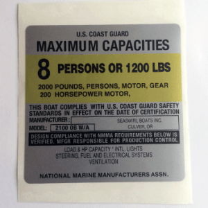 4x4 ES U.S. Coast Guard Maximum Capacities 8 Persons or 1200 lbs 2000 pounds persons motors gear 200 Horsepower motor Seaswirl Boats inc. Culver, Or Mod 2100 ob w/a