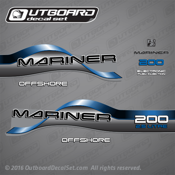 1996-1998 Mariner 200 hp Offshore 2.5 Litre EFI decal set 808563A97, 827328A7, 827328A8