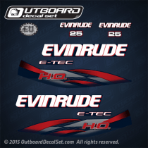 2011-2013 Evinrude 25 hp H.O. E-TEC decal set Blue covers. 0215776, 0215777, 0216006, 0216007, 0215775, 0215805, 0215558 