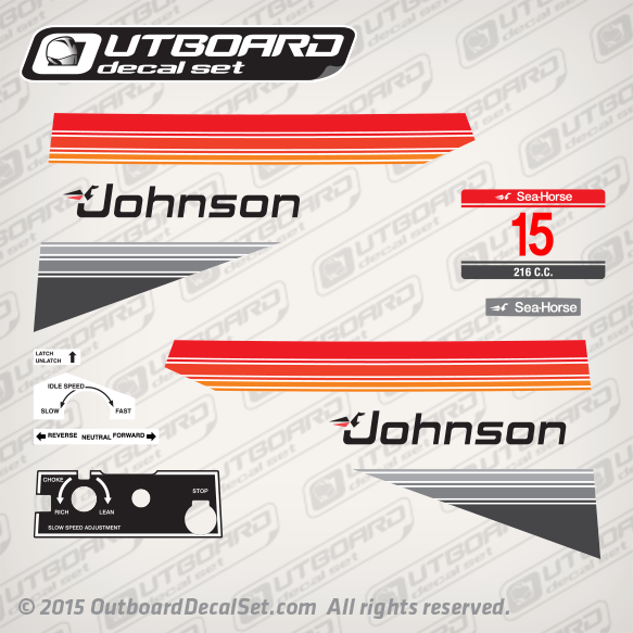 1980 Johnson 15 hp decal set 0390337, 0390338, 0390339, 0390288, 0390289, 0390293